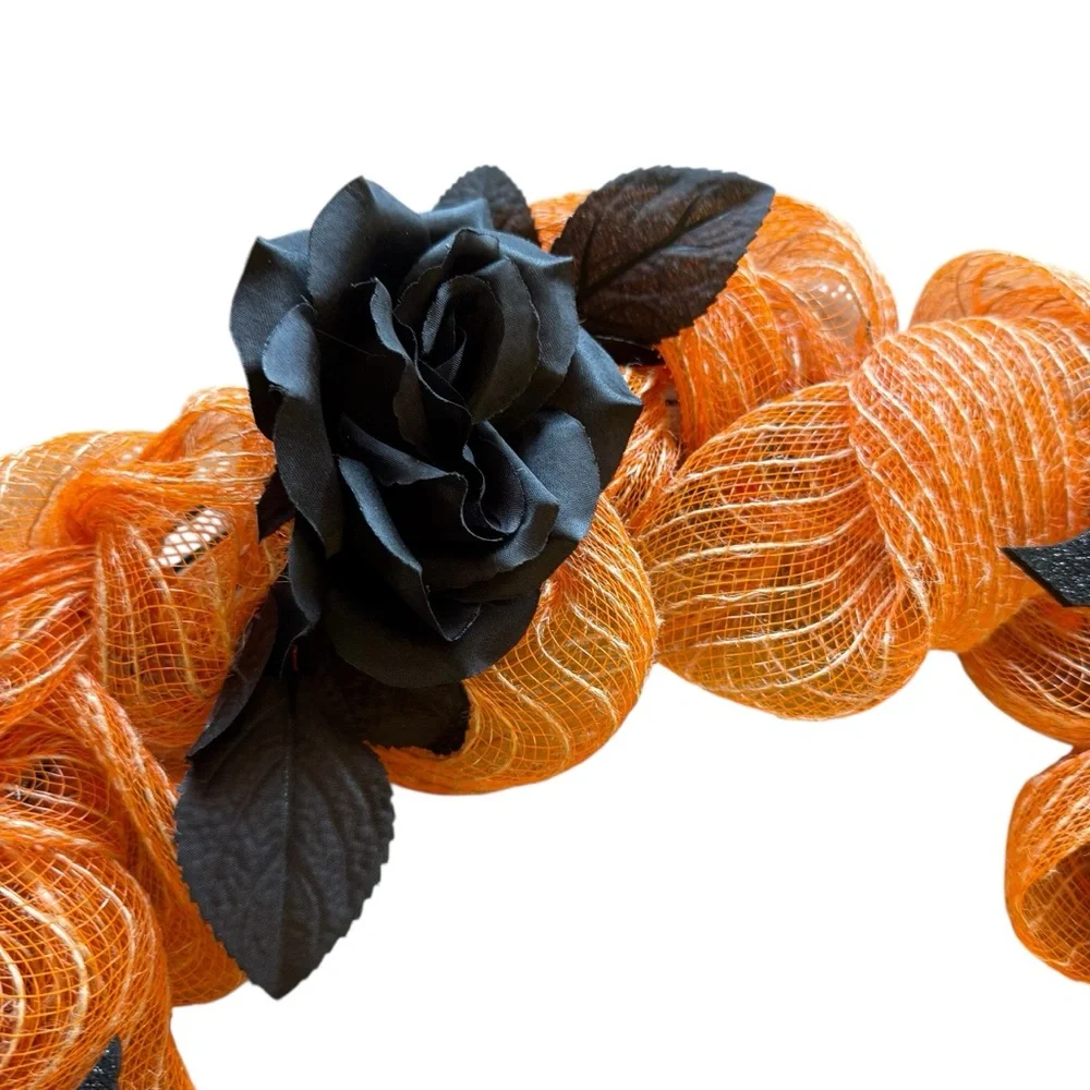 Halloween Orange & White Mesh Wreath with Black Flowers, Bats Ribbon Bow 20